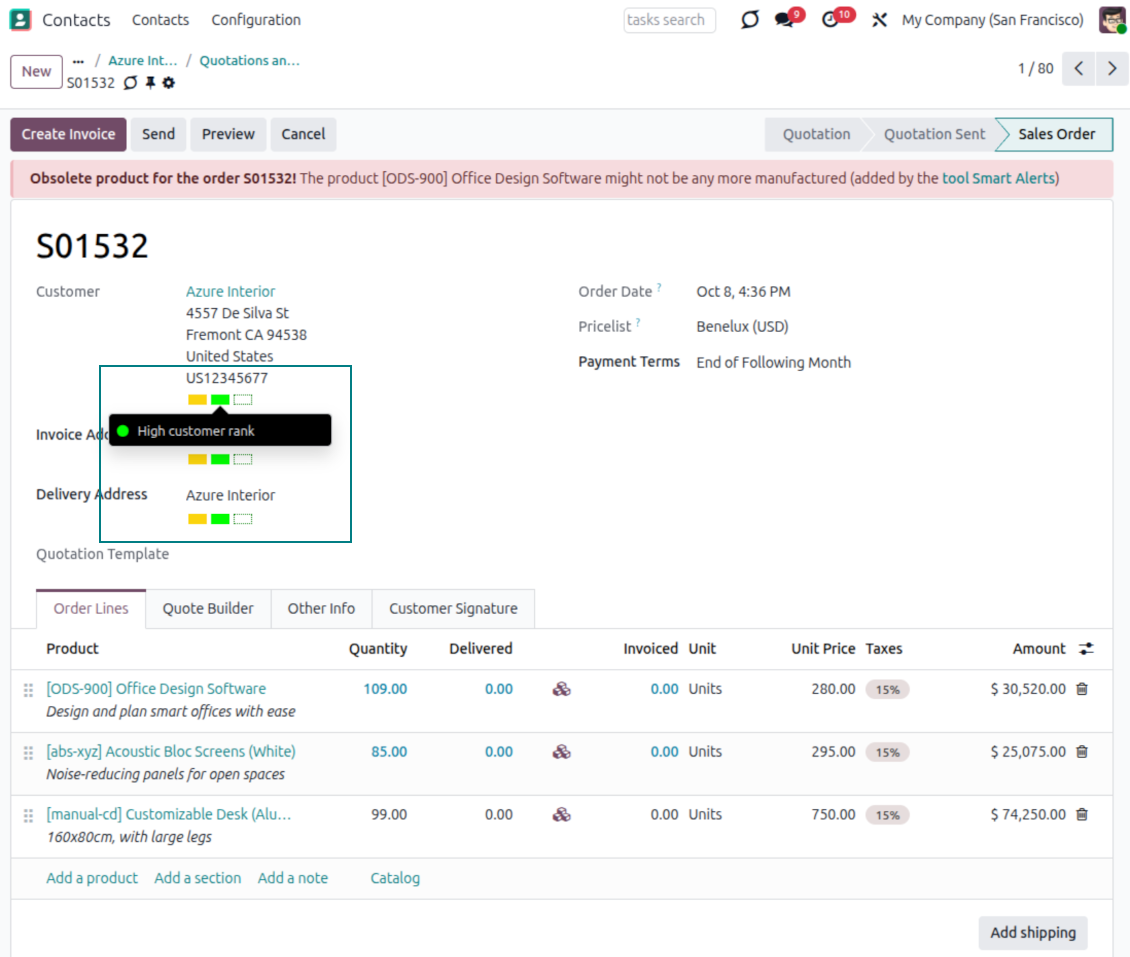 Odoo sales order showing customer partner color coding next to the contact