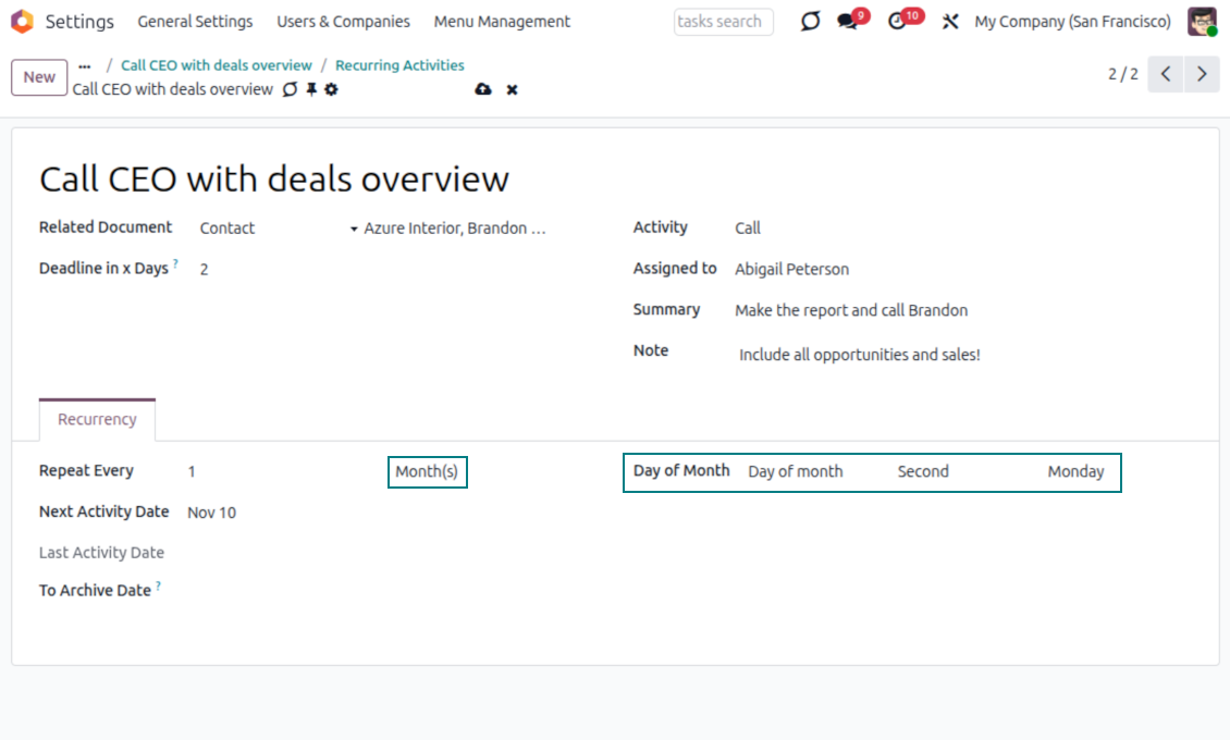 Odoo recurring activities monthly schedule options for repeated mail activities