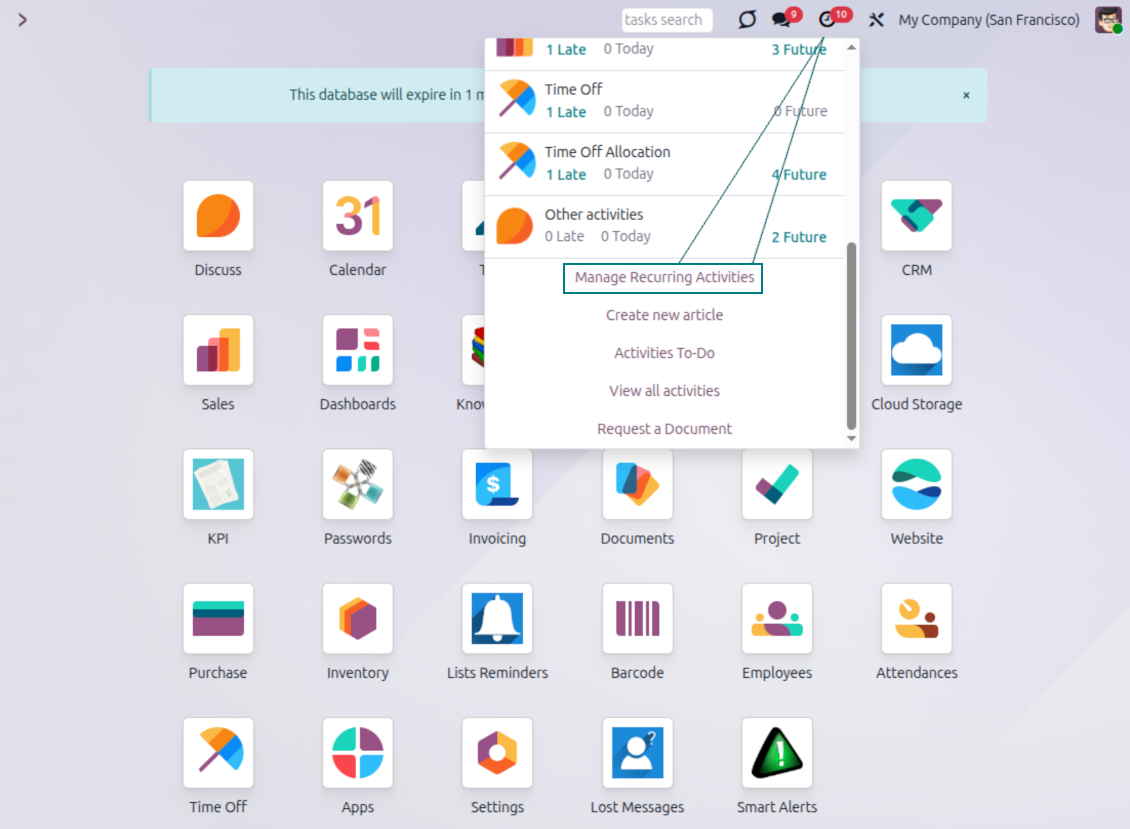 Odoo activities systray entry to manage recurring activity templates
