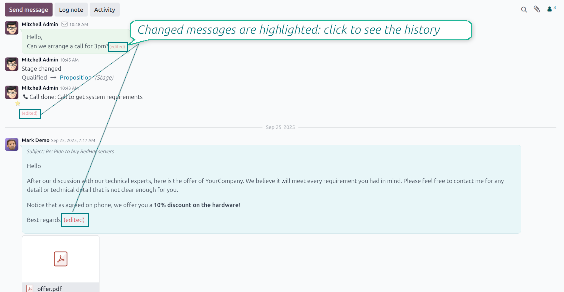 Odoo chatter interface in the message_editing module showing an "(edited)" label next to a modified message, with a callout explaining that clicking the label reveals the change history