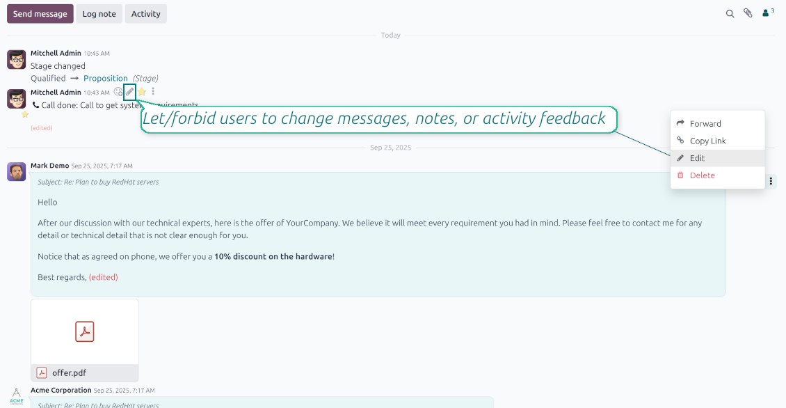 Odoo chatter message menu with Edit and Delete for notes comments and activity feedback