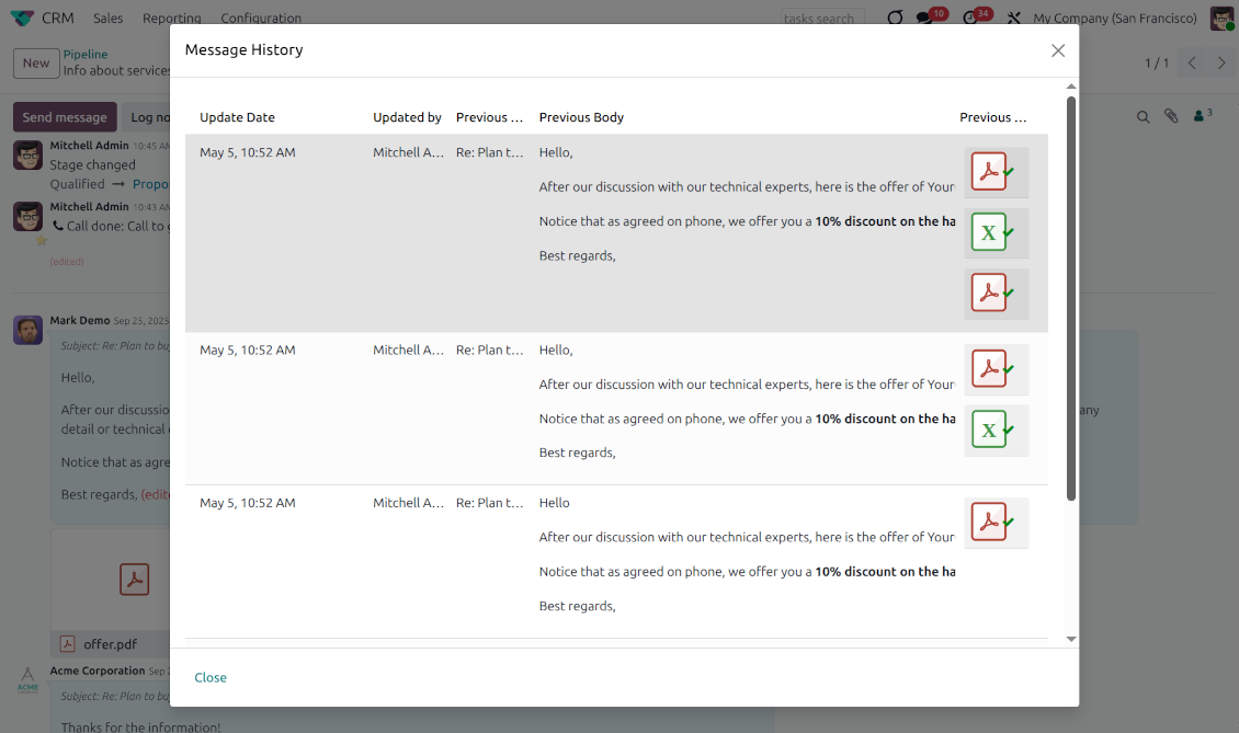 Odoo message edit history log showing previous versions of a chatter message