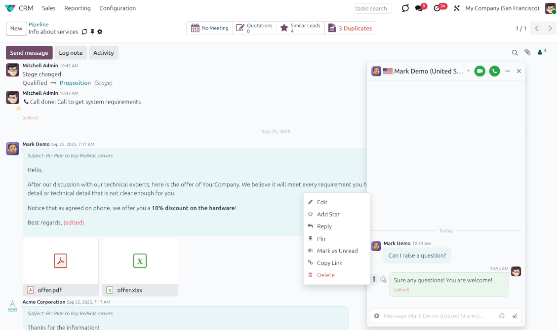 The "Edit Message" pop-up dialog within the Odoo Discuss app, demonstrating the ability to edit message text and manage attachments using the full composer mode of live chats