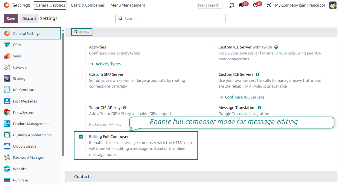 The Odoo General Settings page showing the "Editing Full Composer" feature enabled, which activates a complete HTML editor pop-up instead of inline editing
