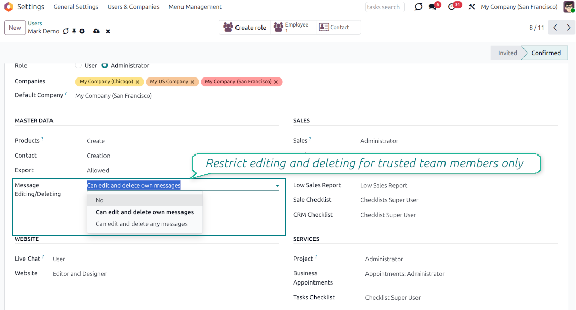Odoo user form Message Editing rights for own messages or any messages