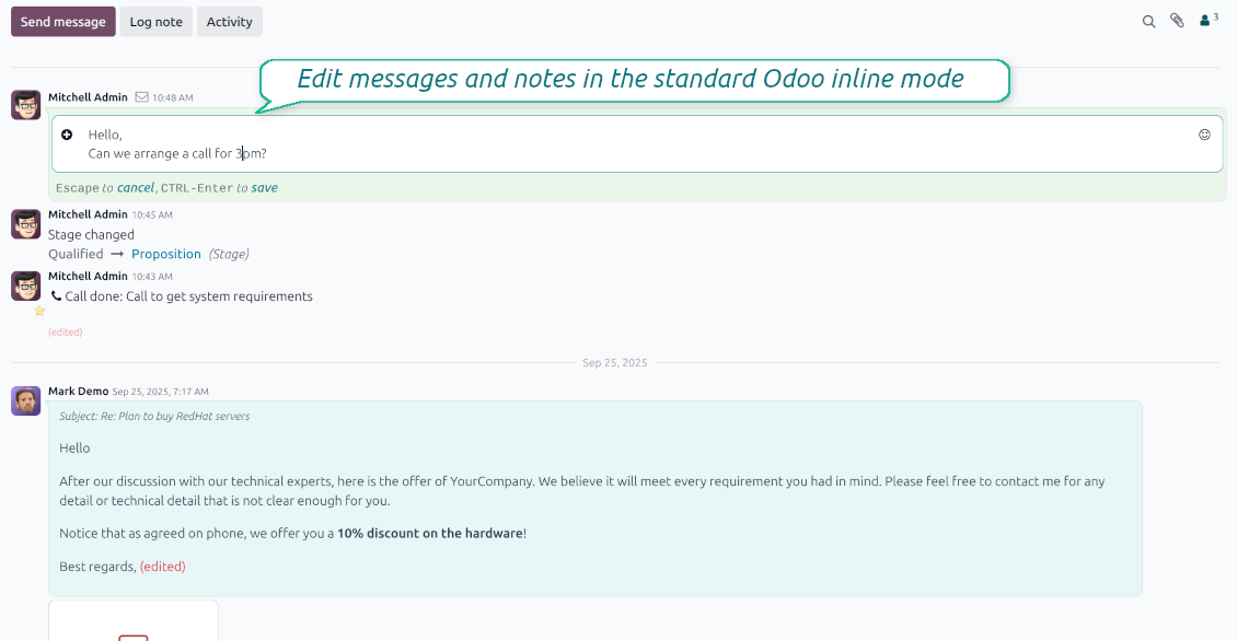 Odoo chatter interface demonstrating the message_editing module's inline mode, allowing users to quickly edit messages and log notes directly within the conversation thread without opening a new window.