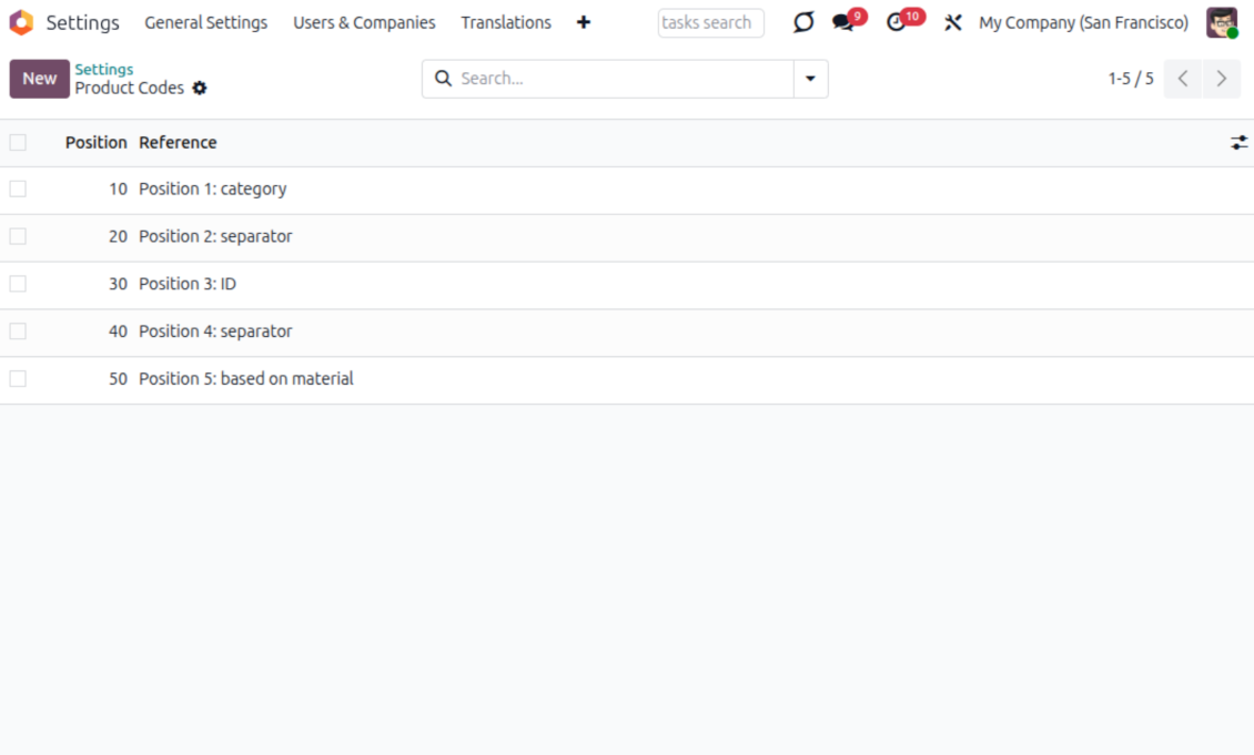 Odoo product code positions list for multi-part automatic internal references