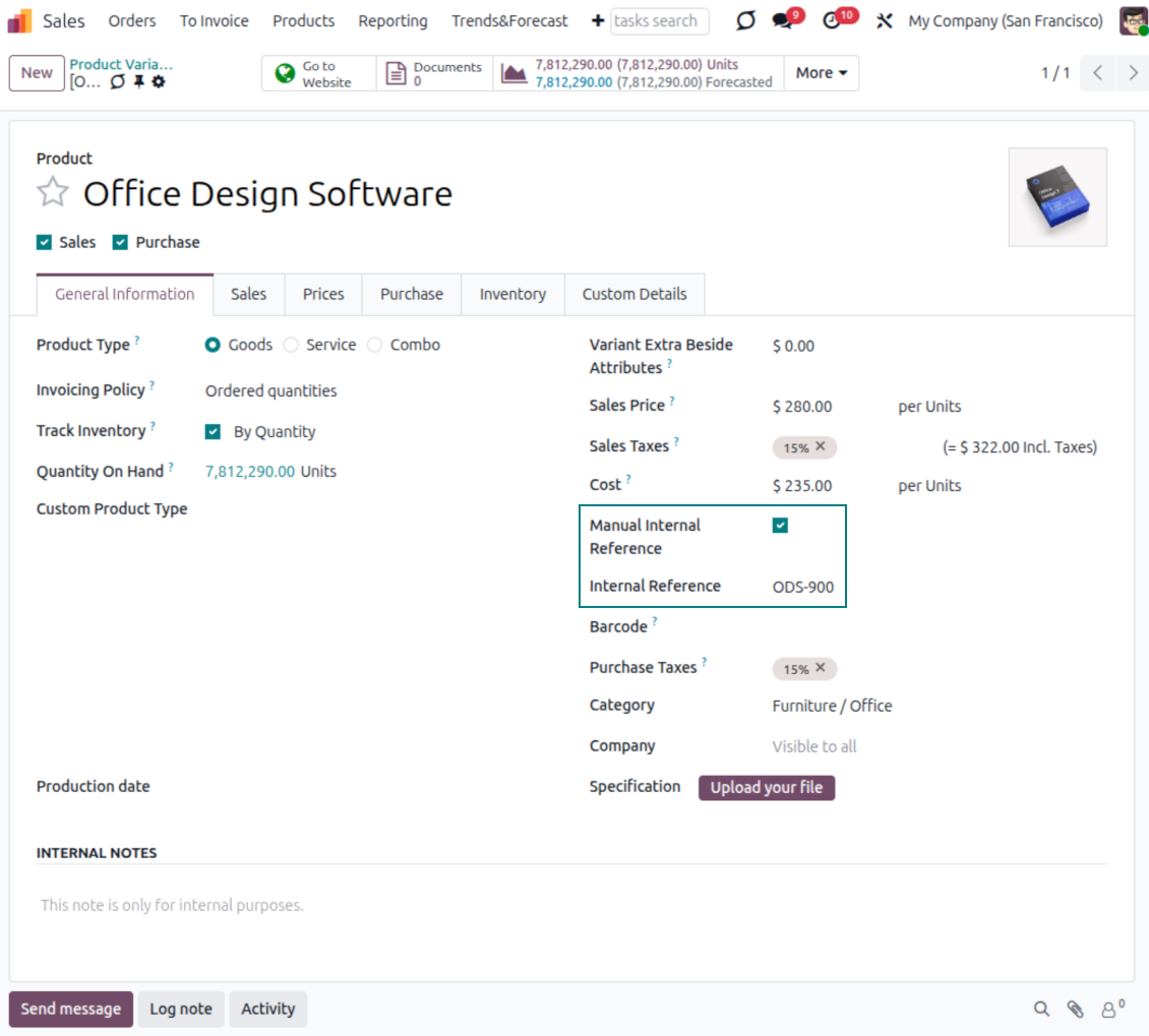 Odoo product Manual reference option to skip automatic internal reference updates