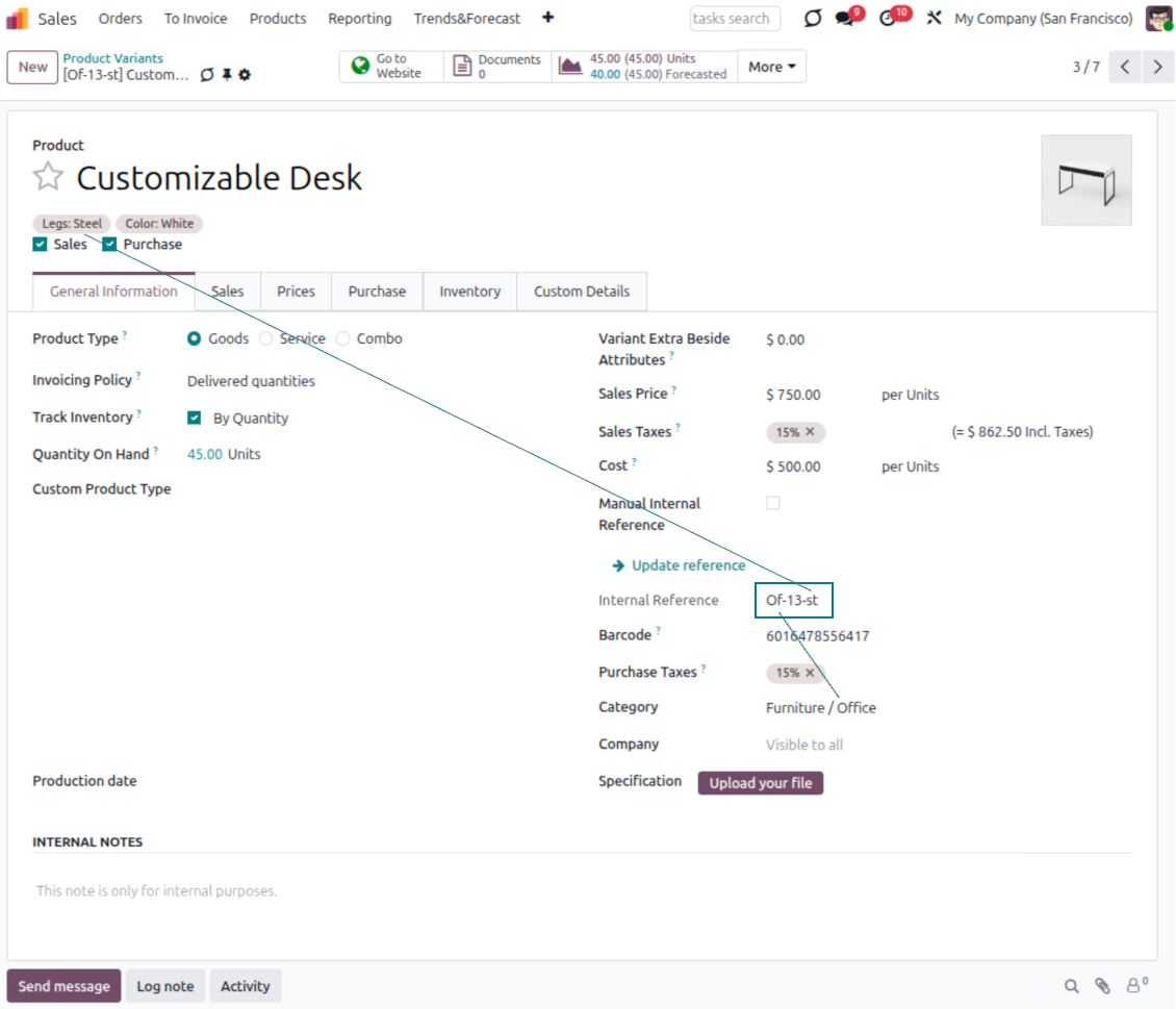 Odoo product form showing internal reference generated by Product Dynamic Codes rules
