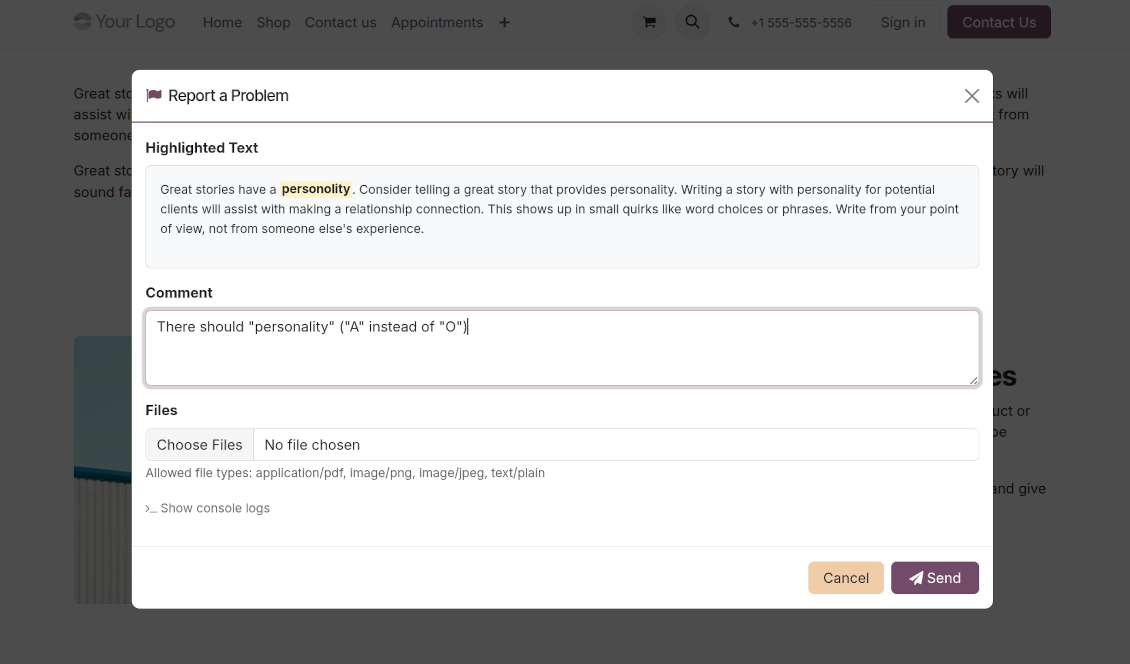 Website typo report modal showing selected text and comment field