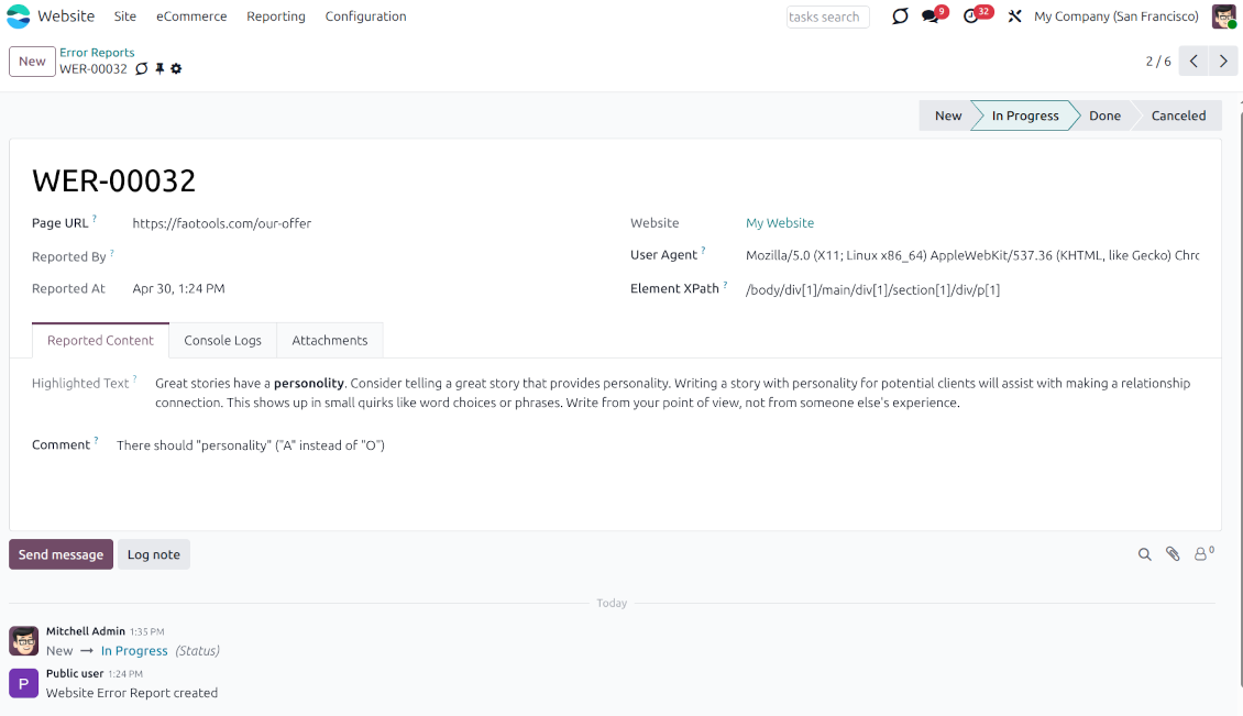 Website error report form with user agent XPath and console context