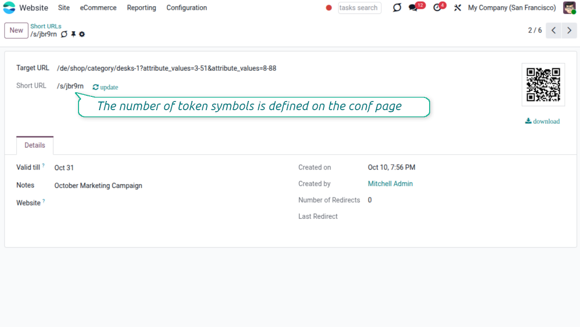 URL shortener settings showing automatic token generation