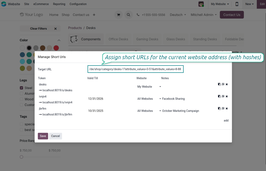 Multiple Odoo short URLs mapped to a single target page