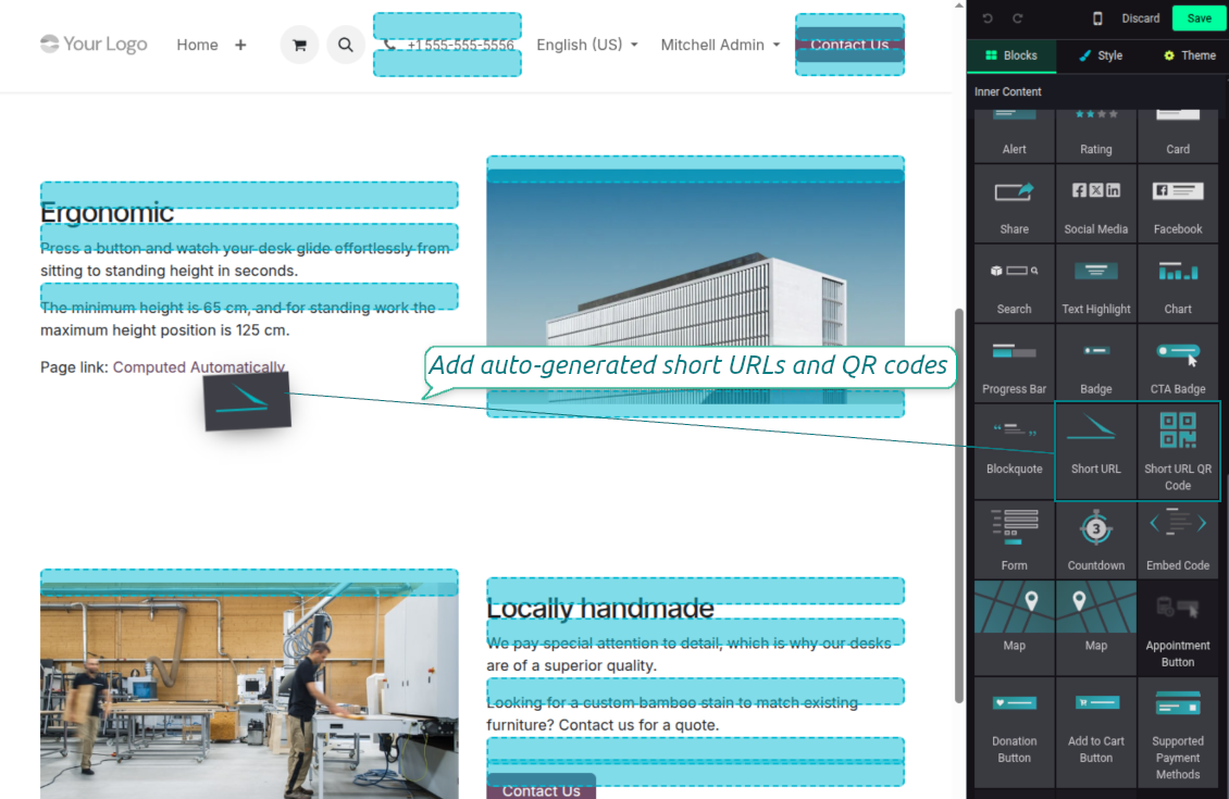 Odoo website snippets for short link and QR code