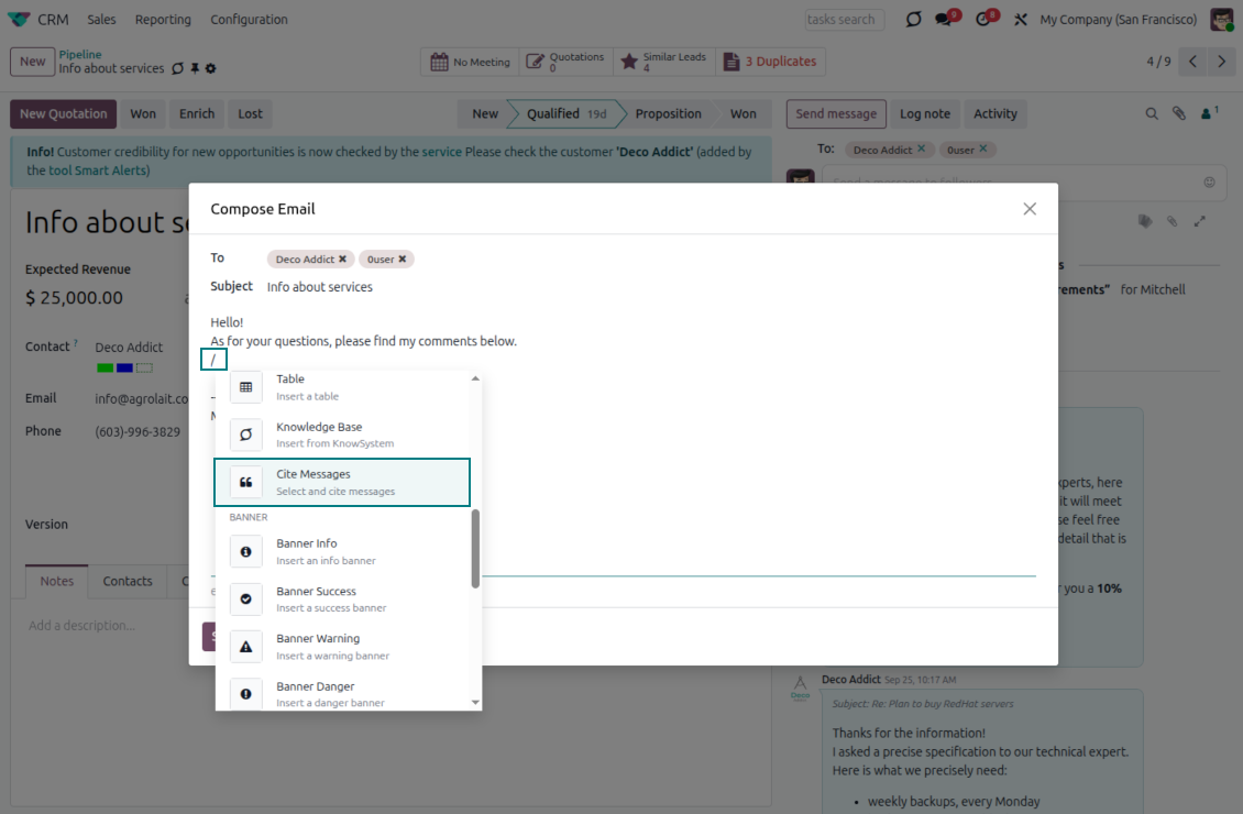 Hurtiglenke for sitering i Odoo e-postkomponist