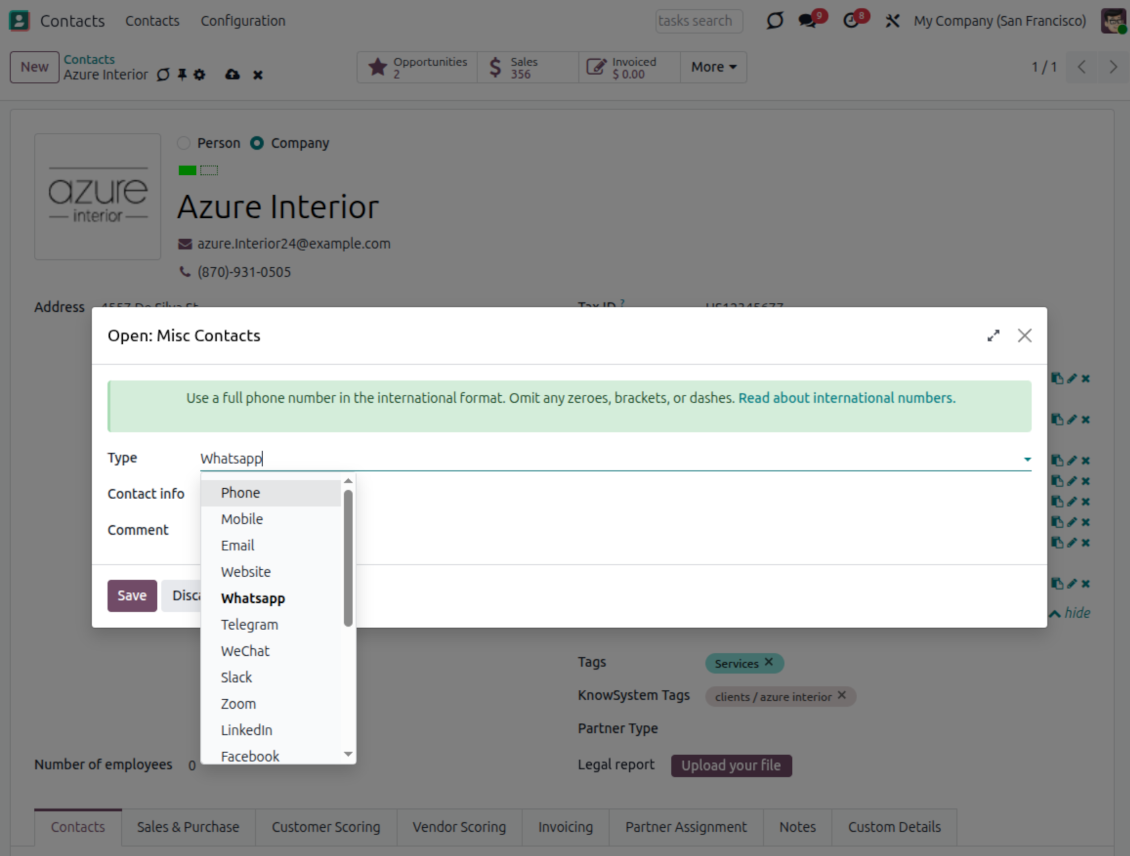 Contact detail types with phone email WhatsApp and social icons