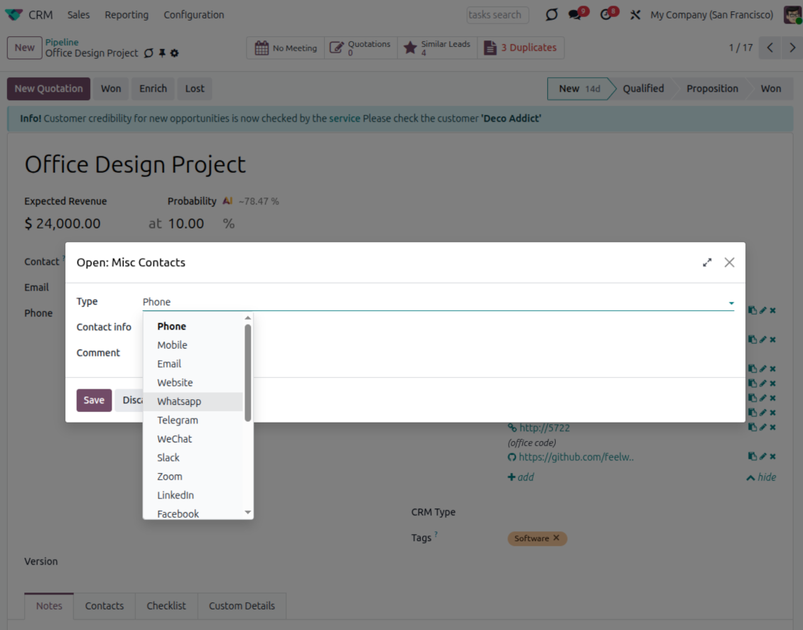 Lead contact type options for phone email and social
