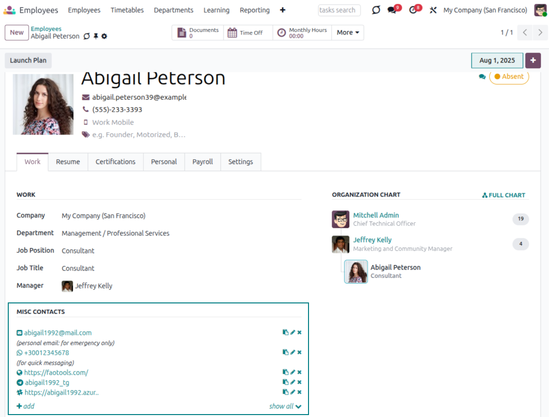 Odoo pracownicy: pełny kontrahent szczegóły widżet