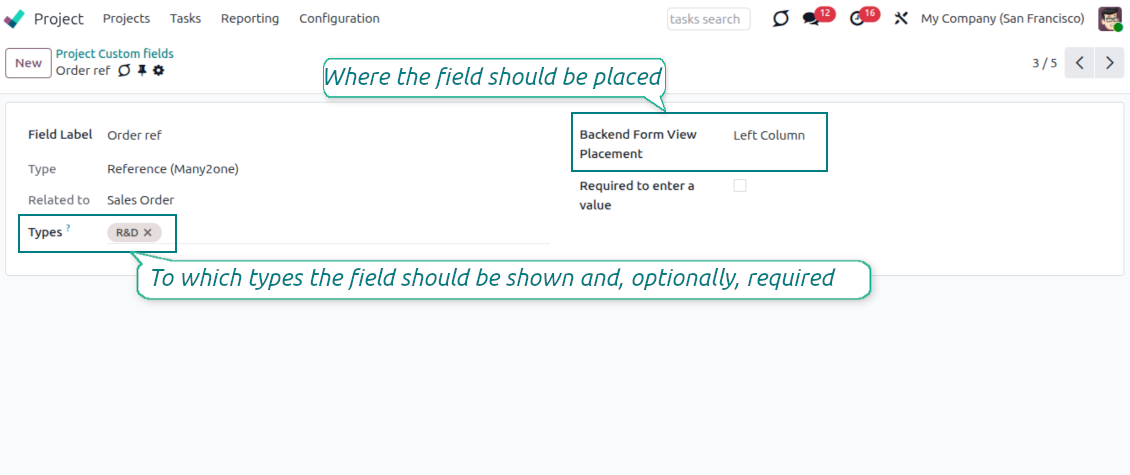 Odoo project custom fields limited by complementary project types
