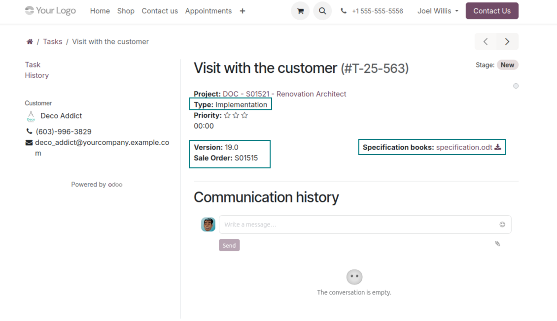 Odoo task portal showing optional custom fields for external users
