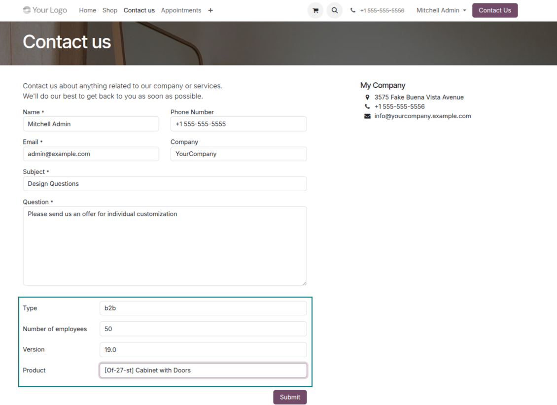 The website contact us form: custom fields