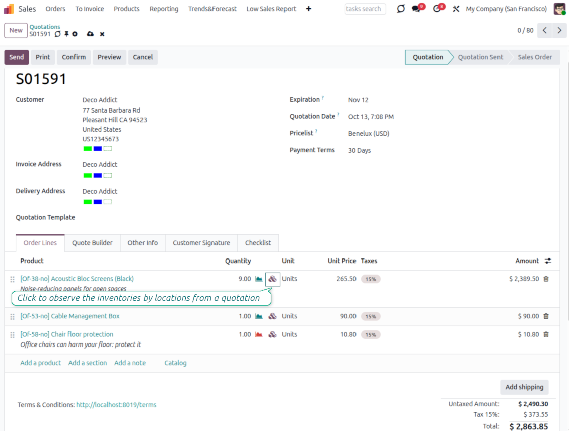 One click to observe inventories by location from a sales order line
