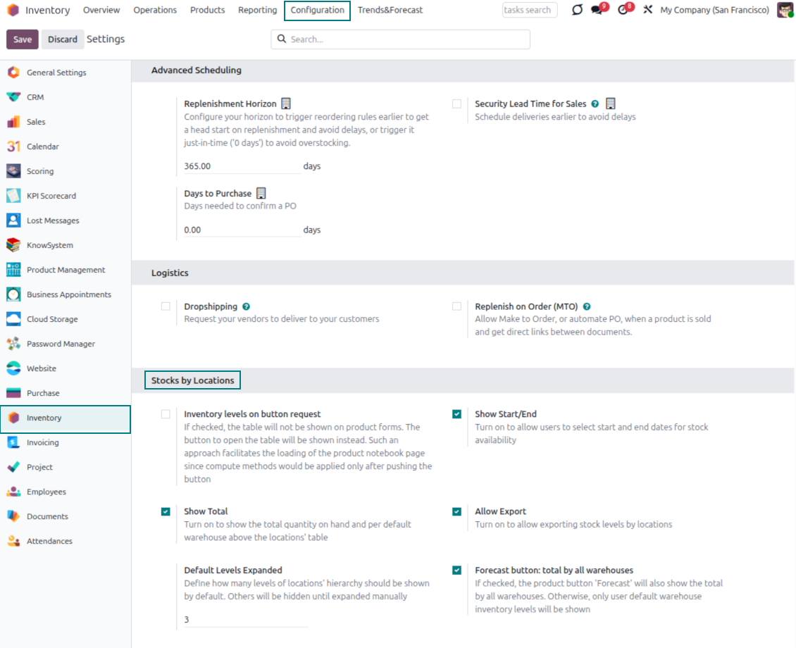 Configuration options for Odoo stocks by location hierarchy export and dates