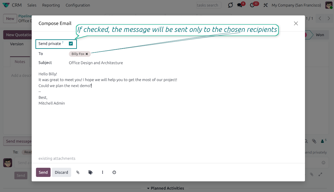 Odoo Compose Email wizard with Send private checkbox for chosen recipients only