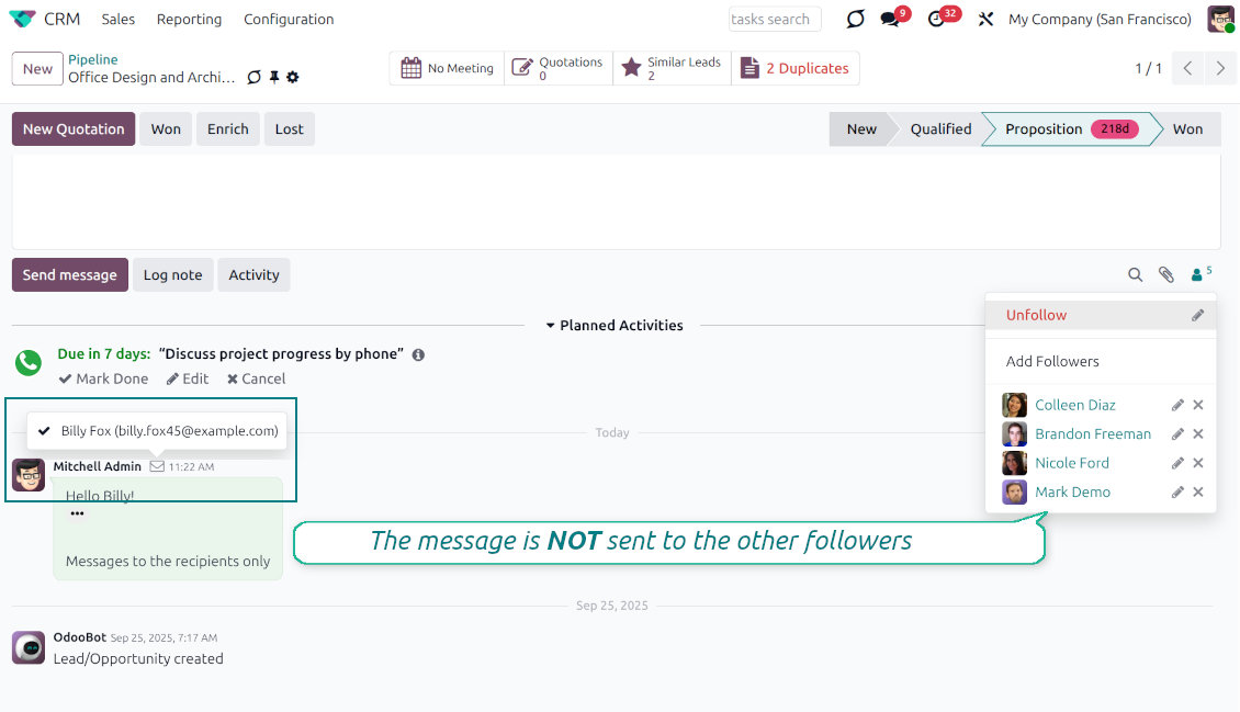 Odoo chatter showing a message delivered only to the selected recipient, hidden from other followers