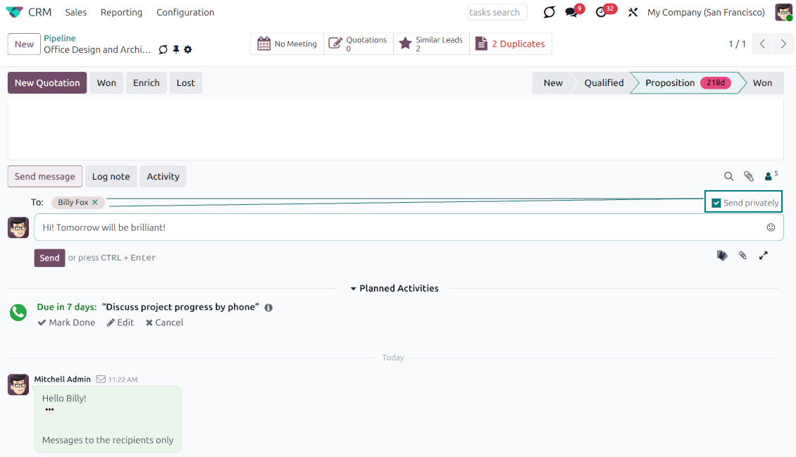 Odoo chatter with Send privately checkbox next to the recipient list
