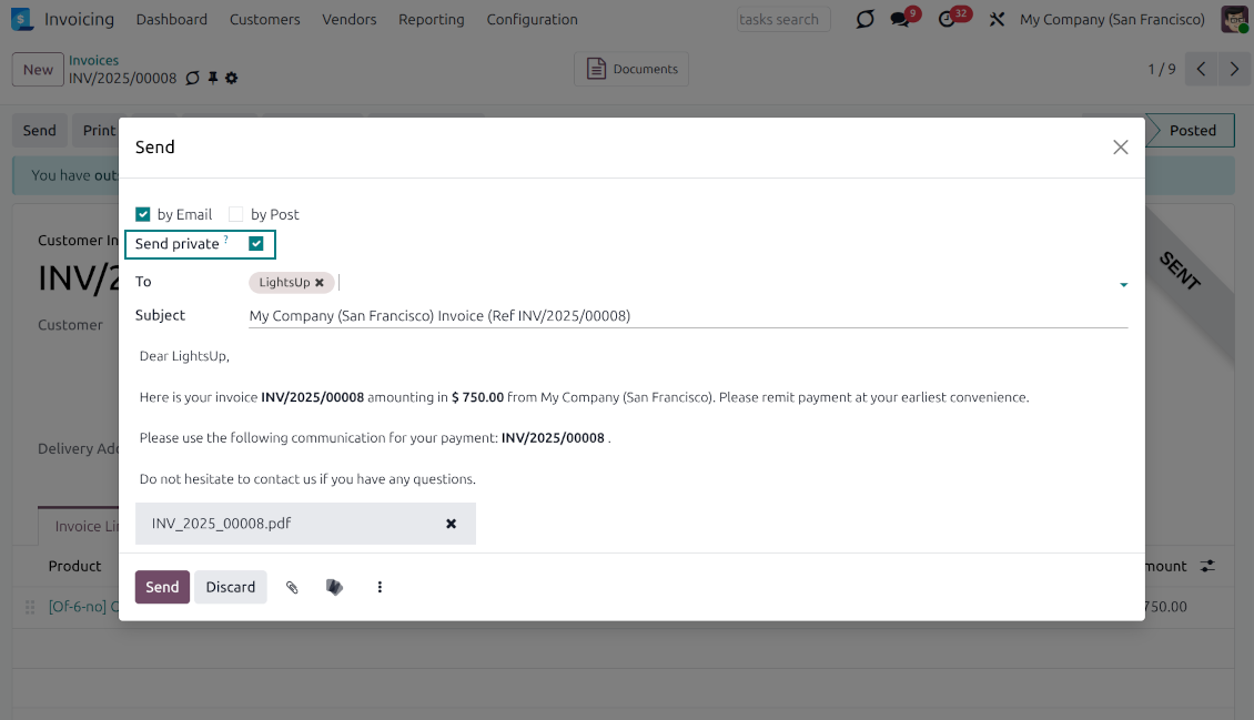 Odoo invoice Send and Print wizard with the Send private option enabled