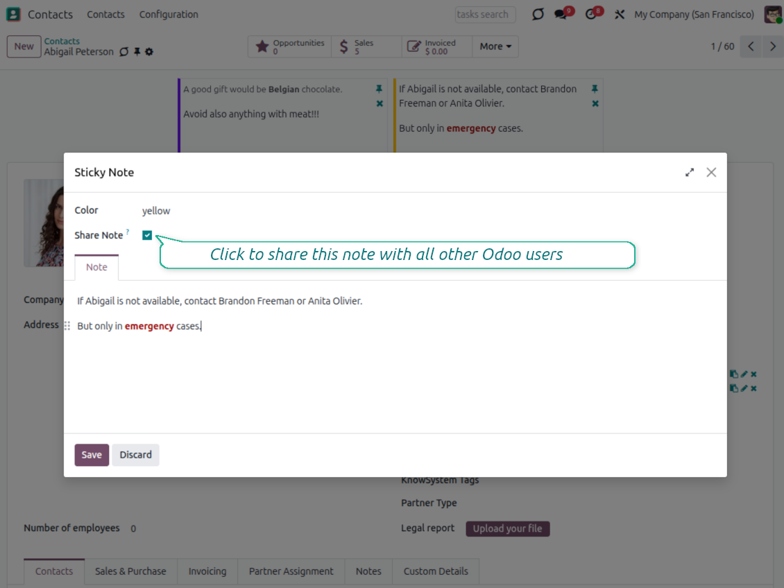 Odoo sticky note editor with color and Share Note options
