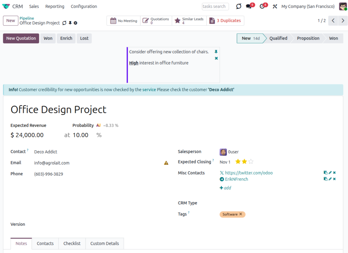 Sticky note reminder on an Odoo CRM opportunity form