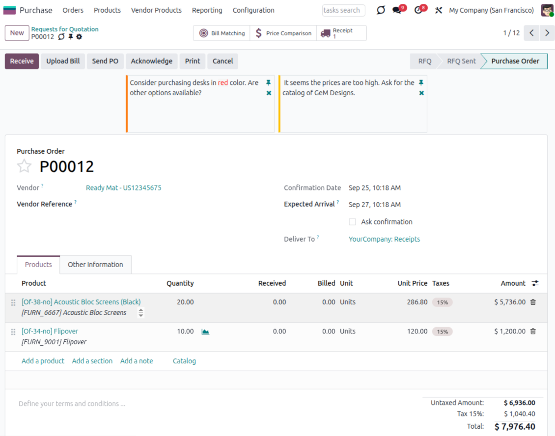 Sticky note with supplier instructions on an Odoo purchase order