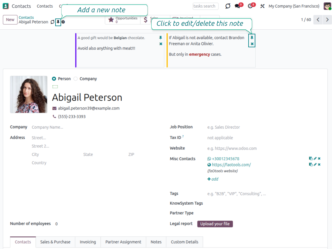 Colored sticky note pinned to the top of an Odoo contact form
