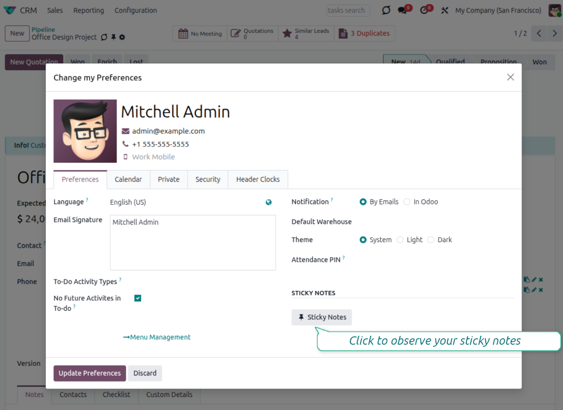 Sticky Notes button in Odoo user preferences for quick access to all notes