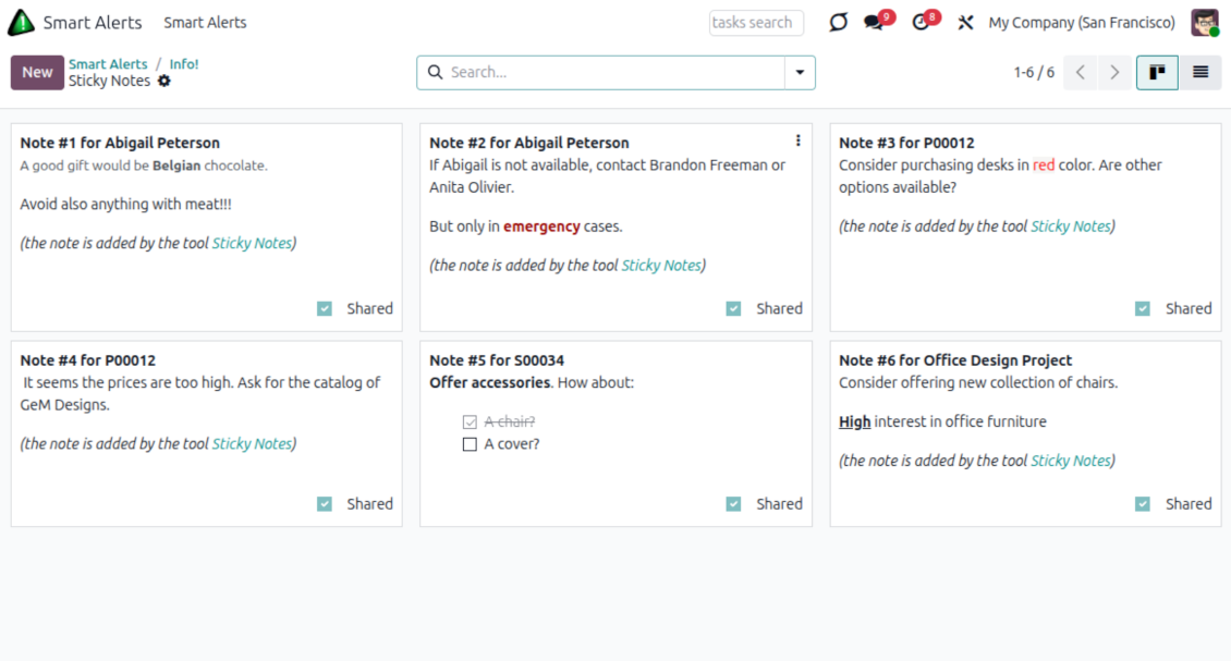 Kanban overview of Odoo sticky notes with archive and shared filters