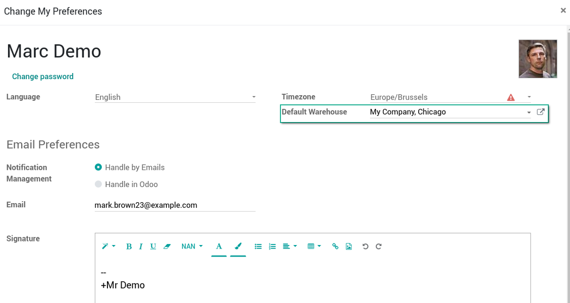 Default warehouse in Odoo user preferences