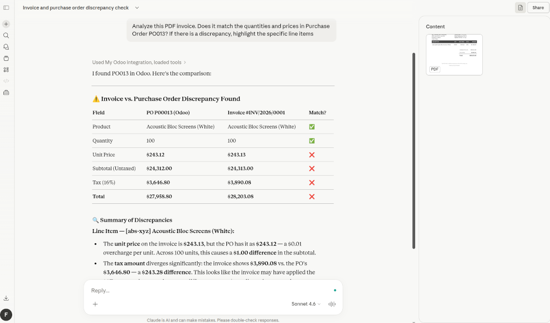 Claude comparing a PDF vendor invoice to an Odoo purchase order and highlighting price and tax mismatches