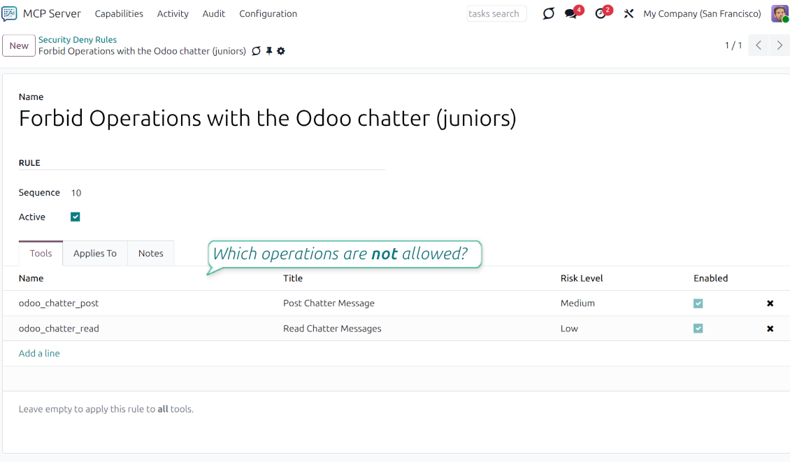 Odoo MCP security deny rule Tools tab disabling specific AI actions such as reading or posting chatter