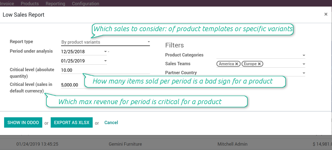 Low sales report wizard