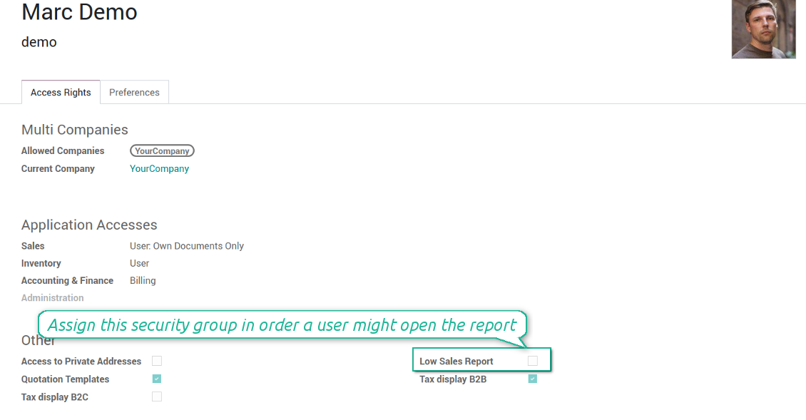 Low sales report security group