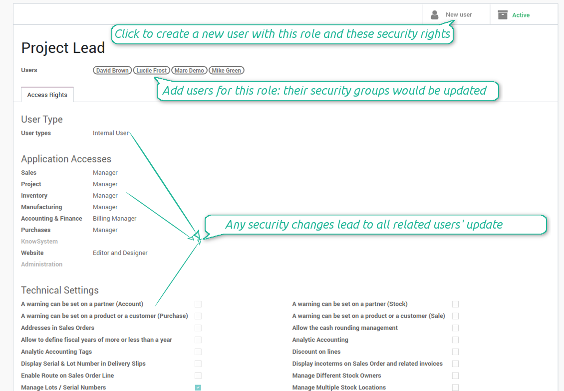 User role and security rights