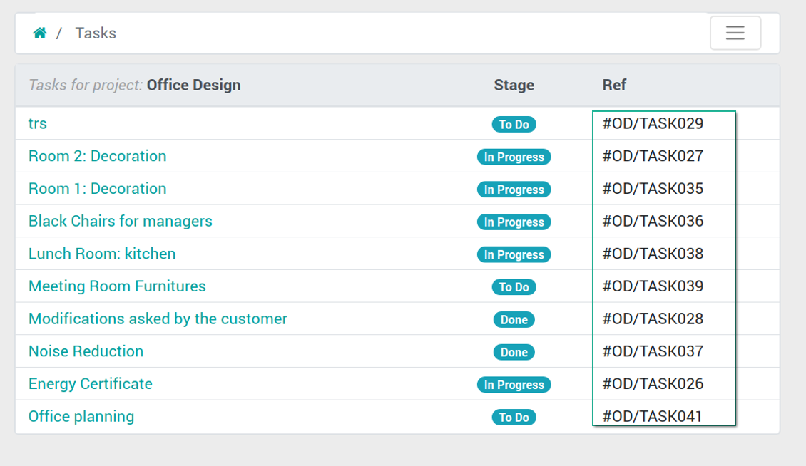 Portal list of tasks numbering