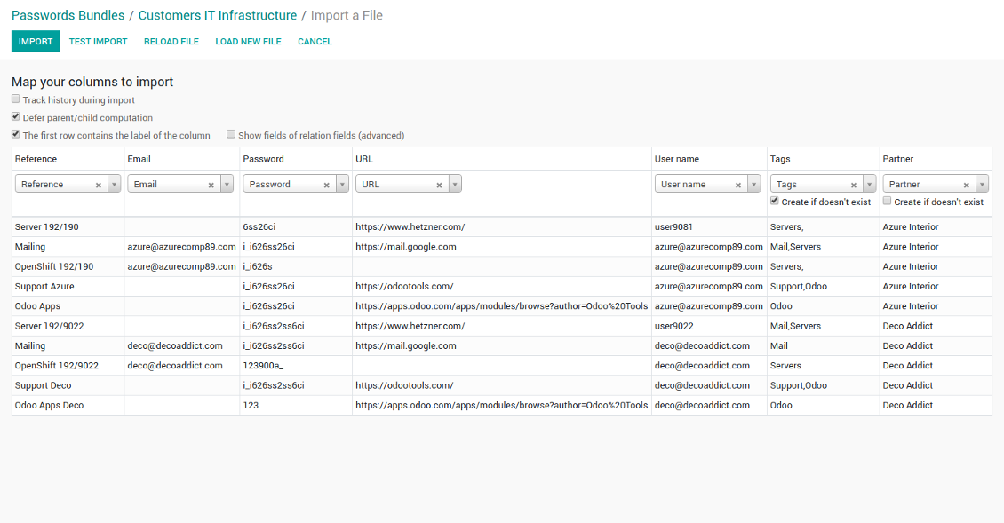 Odoo standard import of passwords