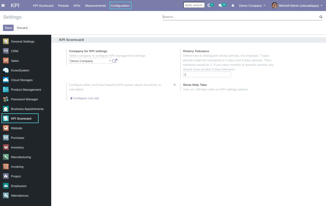 KPI configuration page