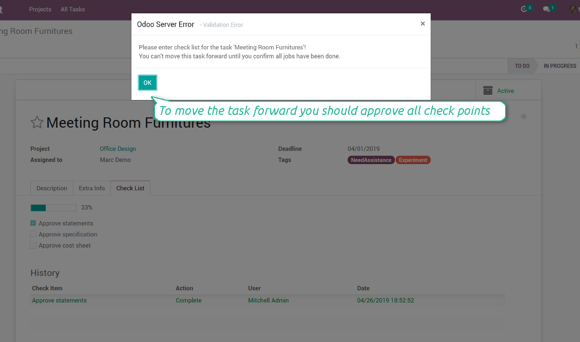 check list not approved validation error