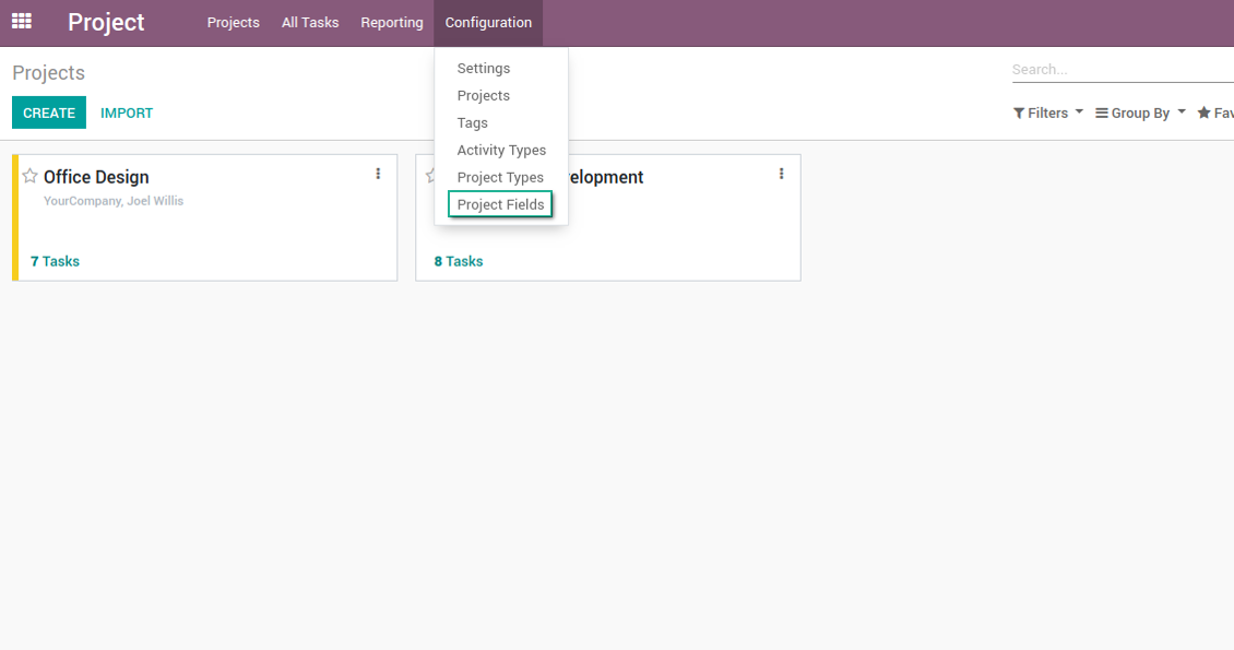 Menu for custom fields of projects