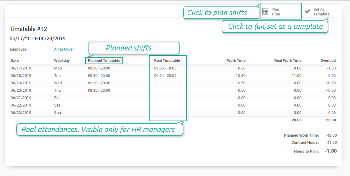 Odoo shifts for timesheets