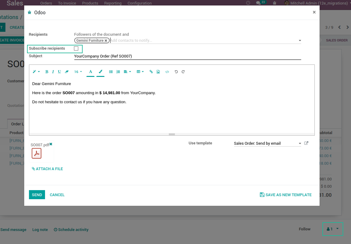 No auto subscriptions for sale orders, invoices, request for quotations, etc.